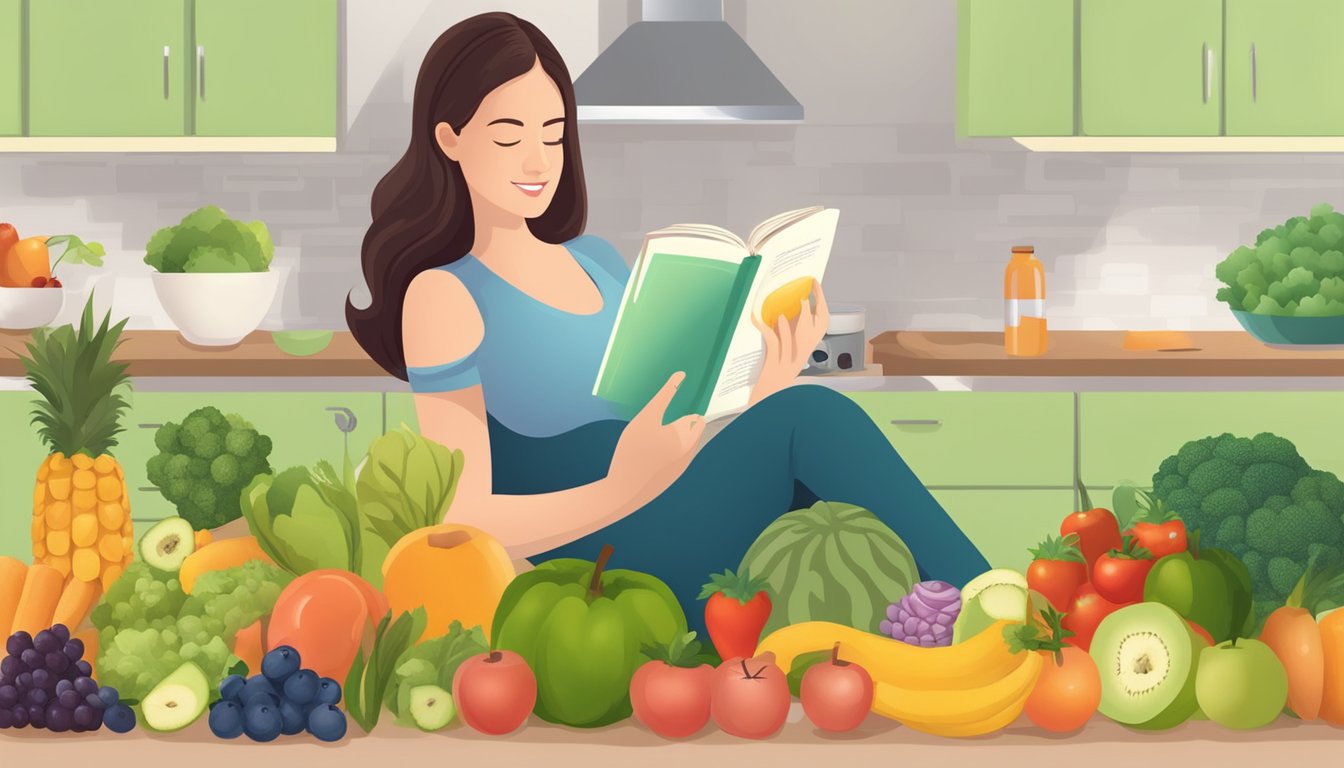 A pregnant woman reading a book on the Dubrow Diet while surrounded by healthy fruits and vegetables