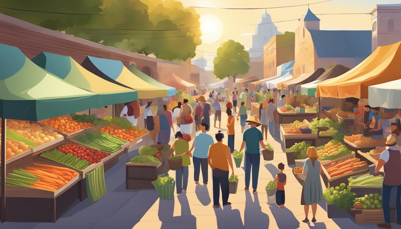 A bustling farmers market with colorful stalls, fresh produce, and local vendors interacting with customers. The Texas sun shines down on the lively scene