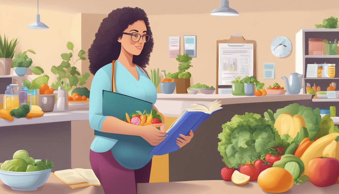 A pregnant woman holding a book on the "Body Reset Diet" with a question mark above her head. Surrounding her are various foods and a doctor's office in the background