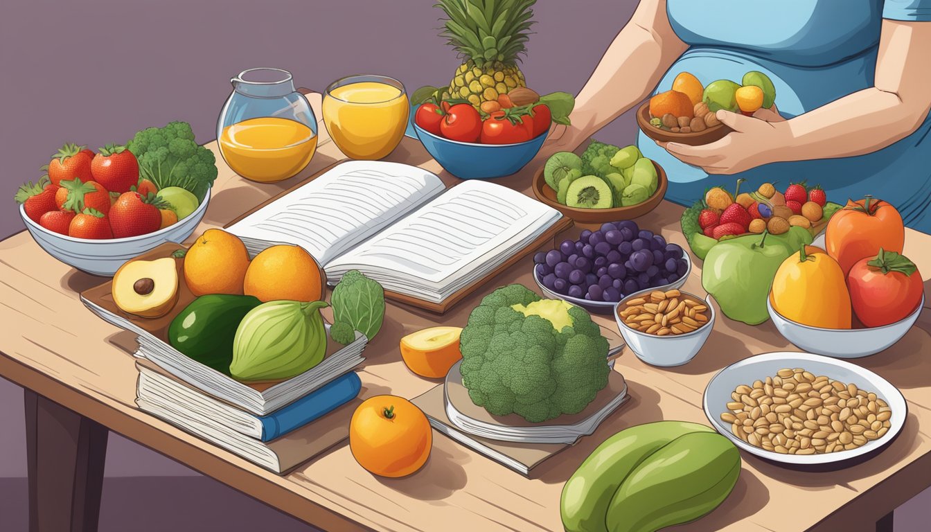 A colorful array of alkaline foods arranged on a table, including fruits, vegetables, nuts, and seeds, with a pregnant woman reading a book about nutrition in the background