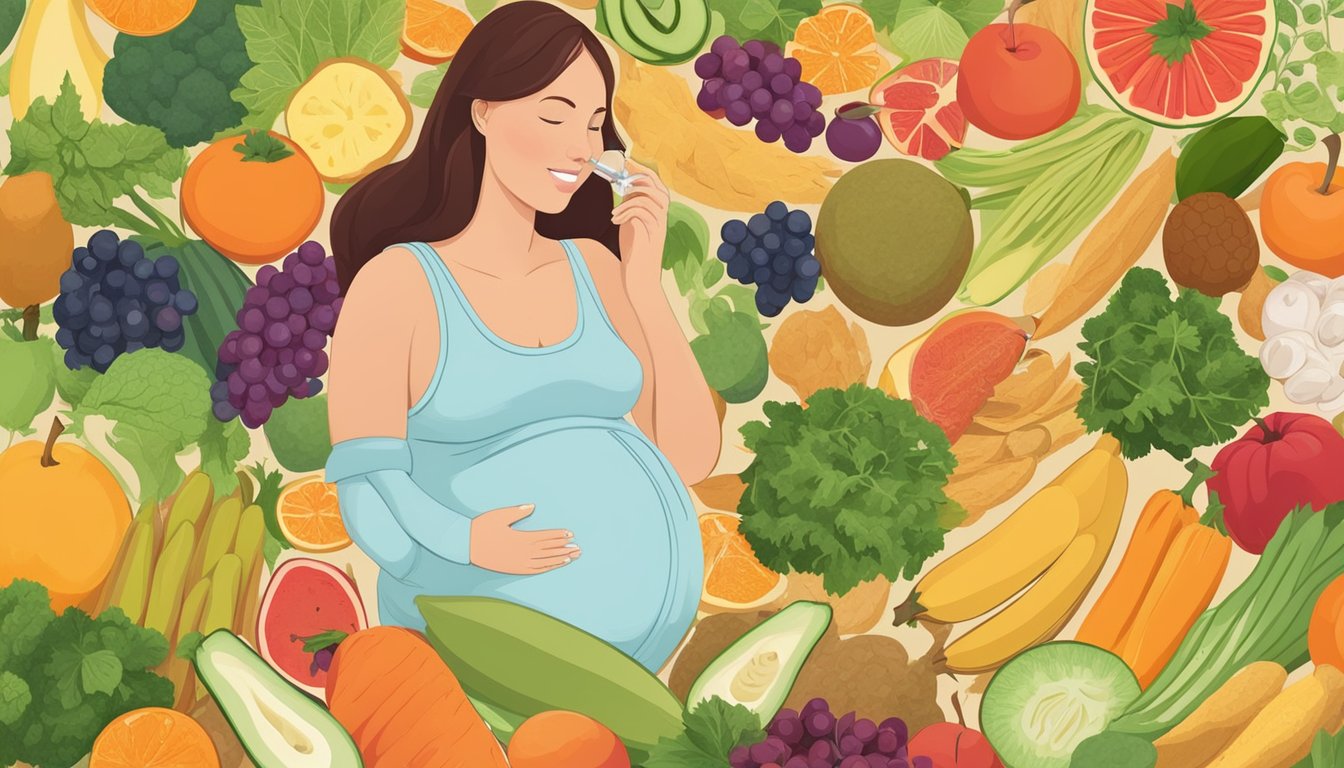 A pregnant woman surrounded by a variety of colorful fruits, vegetables, and whole grains, with a glass of water nearby