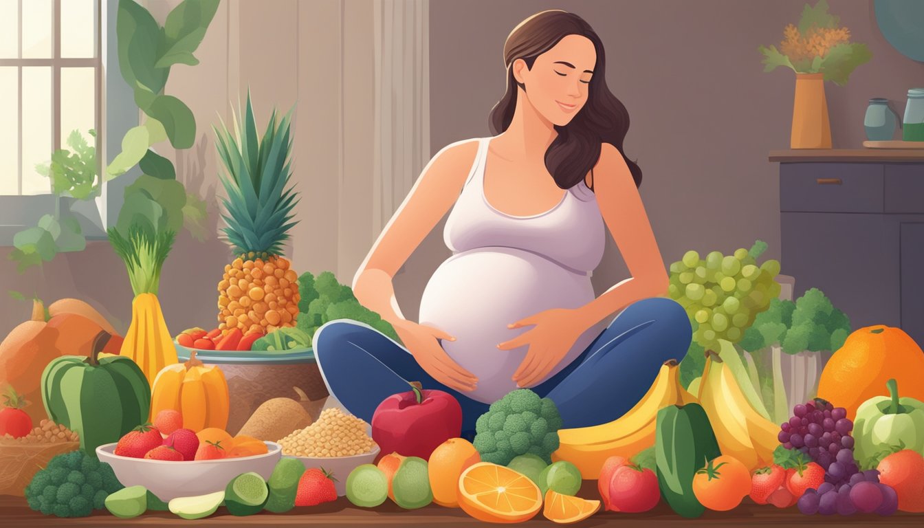 A pregnant woman sitting at a table with a variety of colorful fruits, vegetables, and whole grains, surrounded by a glowing, healthy aura