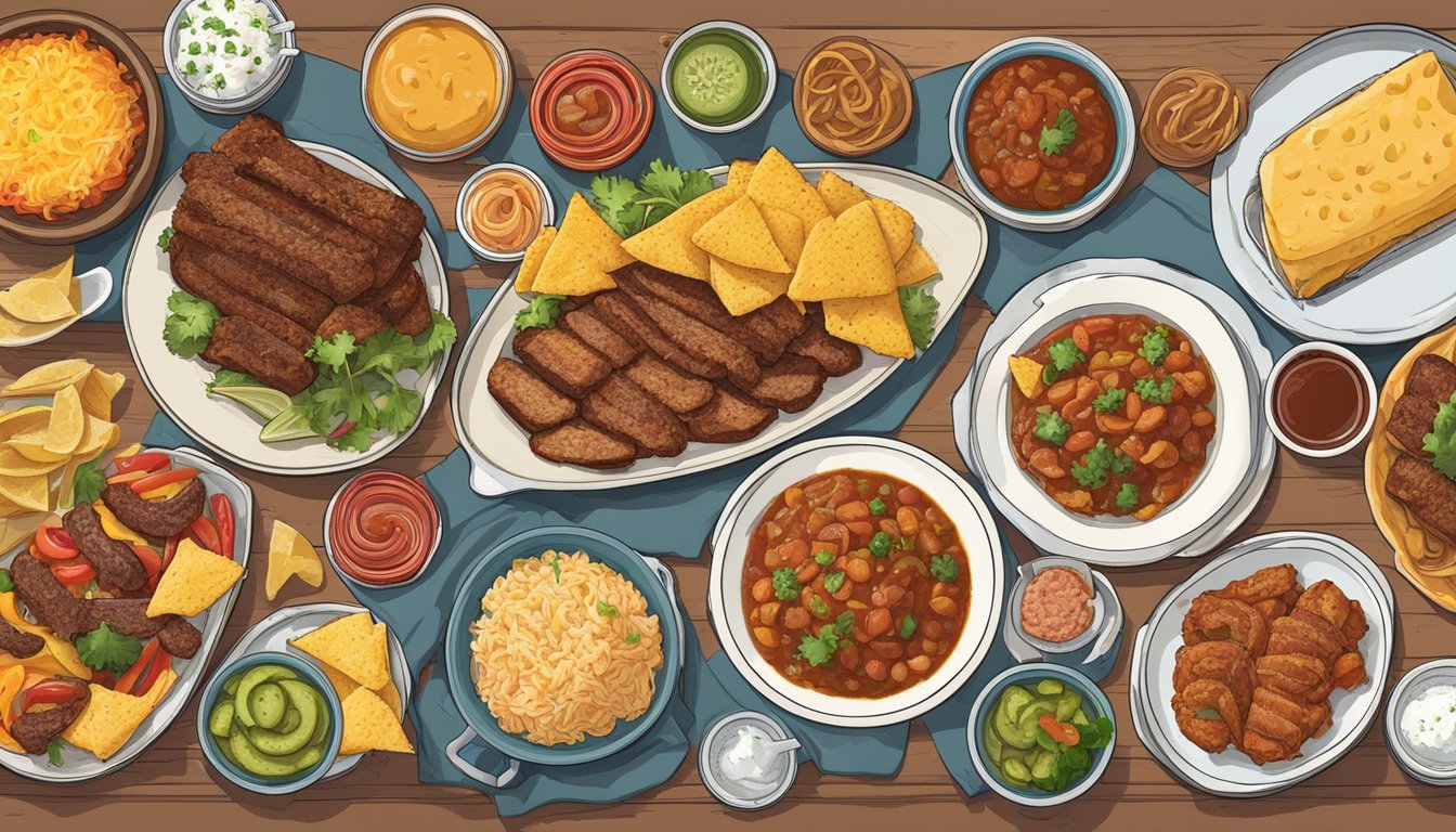 A colorful spread of iconic Texas dishes arranged for a top-down photo, including BBQ, Tex-Mex, and southern comfort food