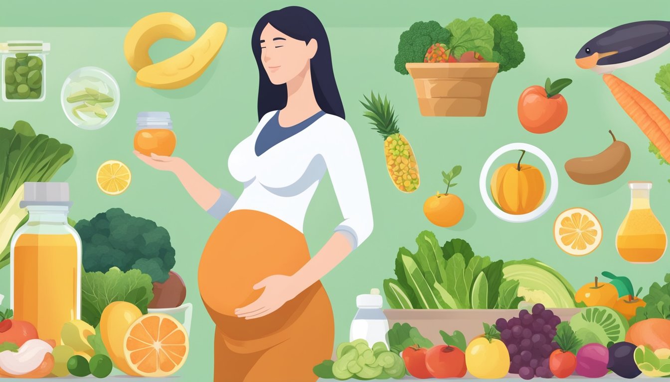 A pregnant woman surrounded by healthy foods and prenatal vitamins, with a doctor advising against the body reset diet