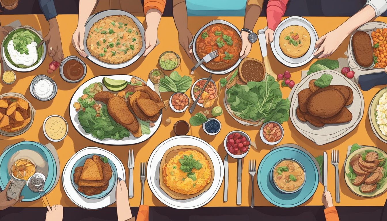 A colorful table spread with various Texas dishes, surrounded by a collection of food bloggers' Instagram posts and a smartphone with the Instagram app open