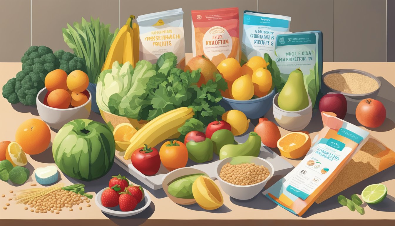 A colorful array of fresh fruits, vegetables, whole grains, and lean proteins arranged on a kitchen counter, with a pregnancy nutrition guide open nearby