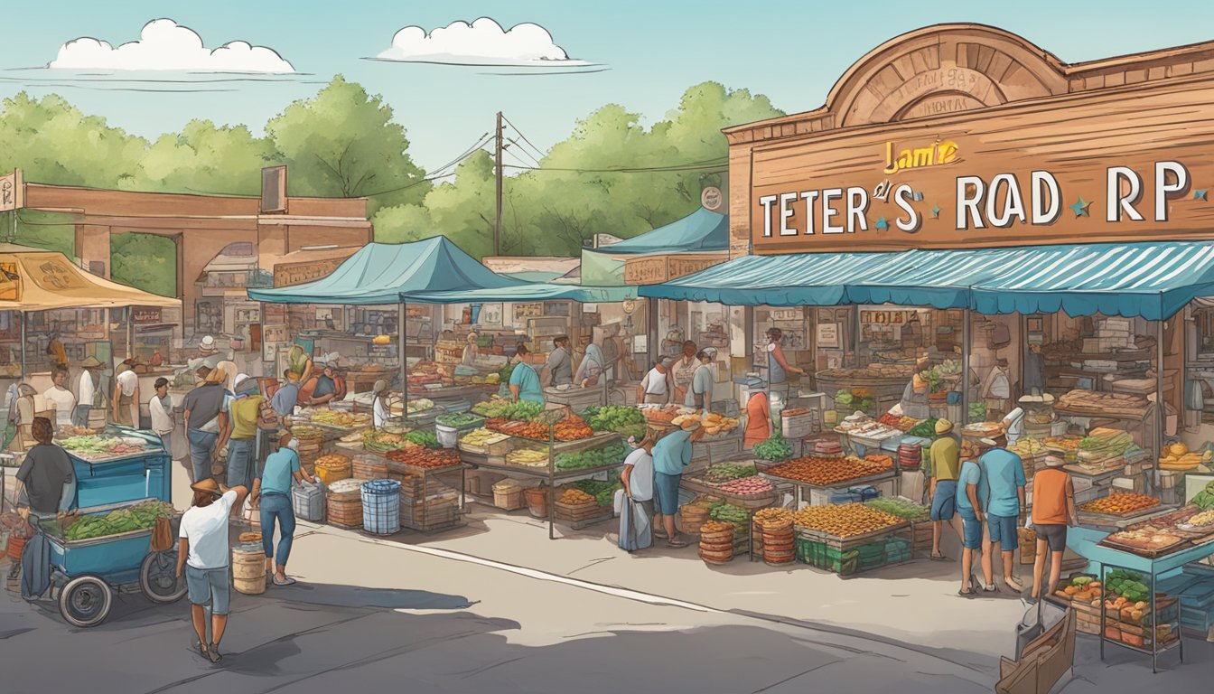 A bustling Texas food market with colorful stalls selling BBQ, Tex-Mex, and other local delicacies. A large sign reads "Jamie Oliver's American Road Trip: Texas" directed by Mike Matthews