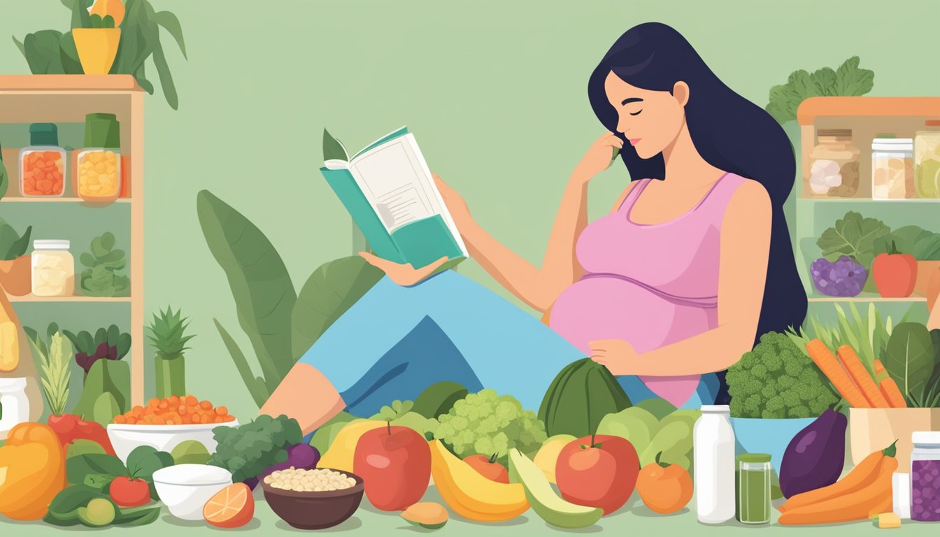 A pregnant woman reading a book on the Dubrow diet while surrounded by various healthy food options and prenatal supplements