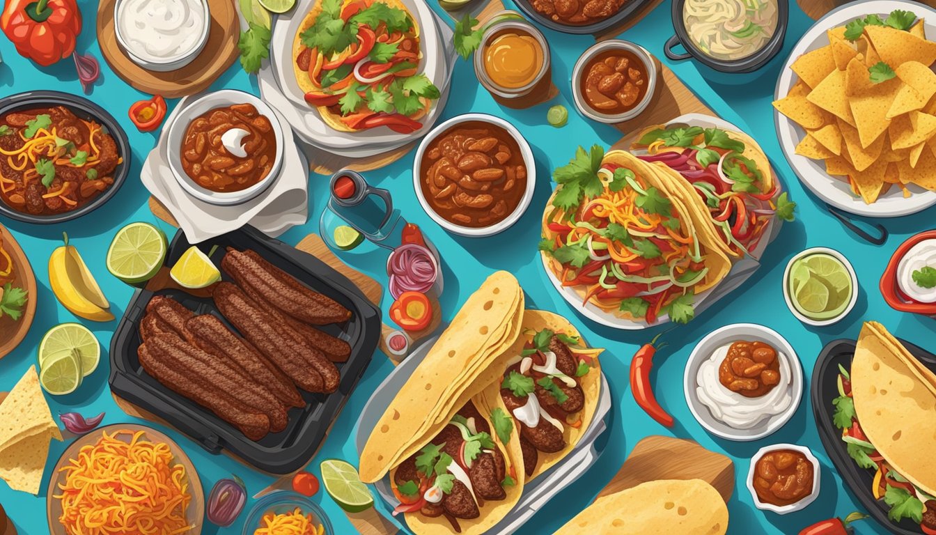 A colorful table spread with iconic Texas dishes like BBQ, tacos, and chili, surrounded by food photography props and a camera