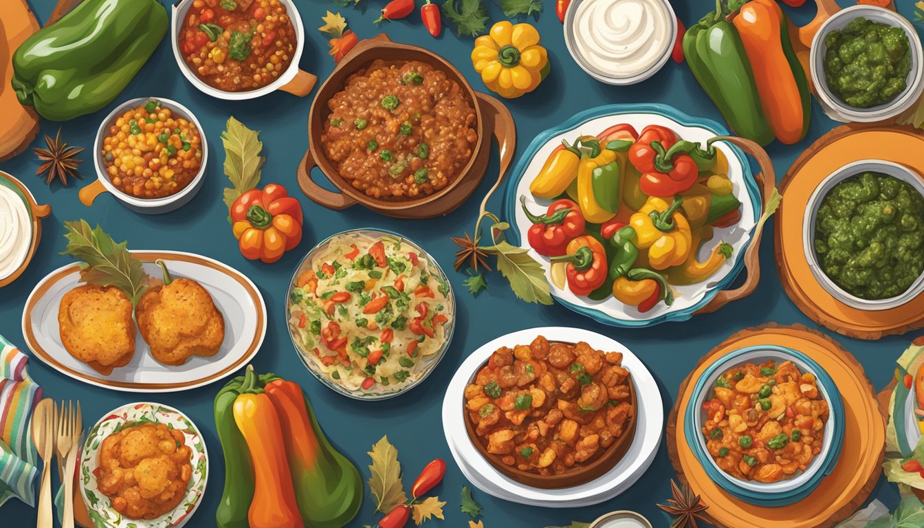 A festive table spread with vibrant southwest stuffed peppers and other Texas-inspired holiday dishes