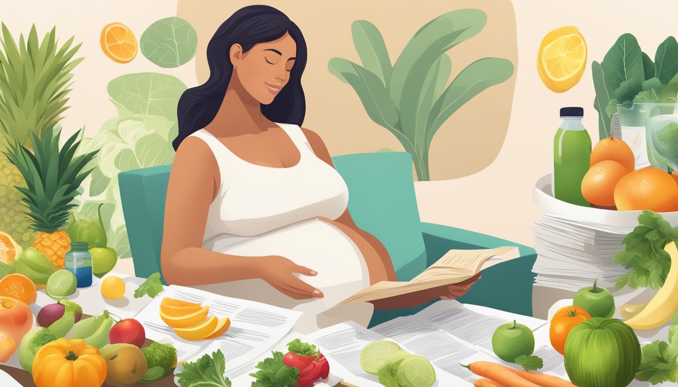 A pregnant woman reading scientific papers and personal testimonials while surrounded by fruits, vegetables, and alkaline water