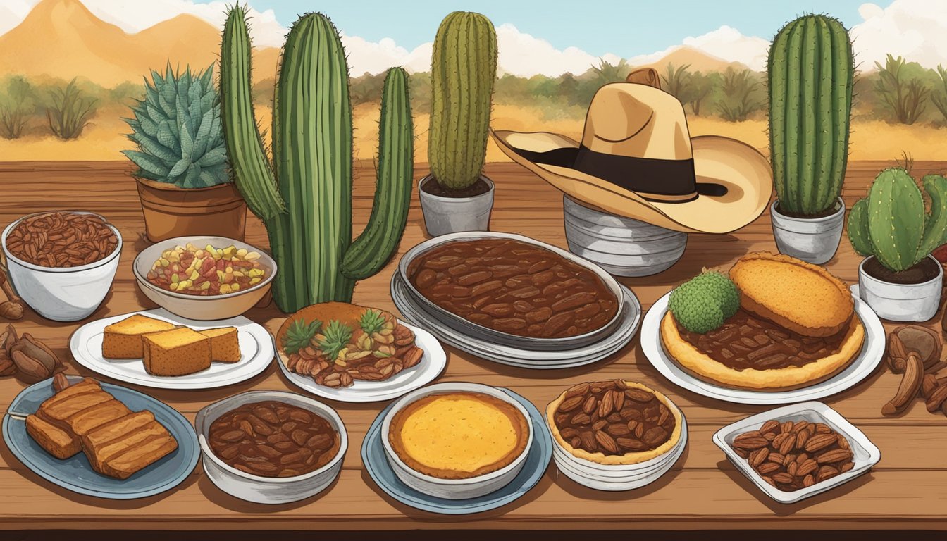 A table spread with 8 Texas-inspired holiday dishes, including BBQ brisket, chili, pecan pie, and cornbread. Decorated with cacti and cowboy hats