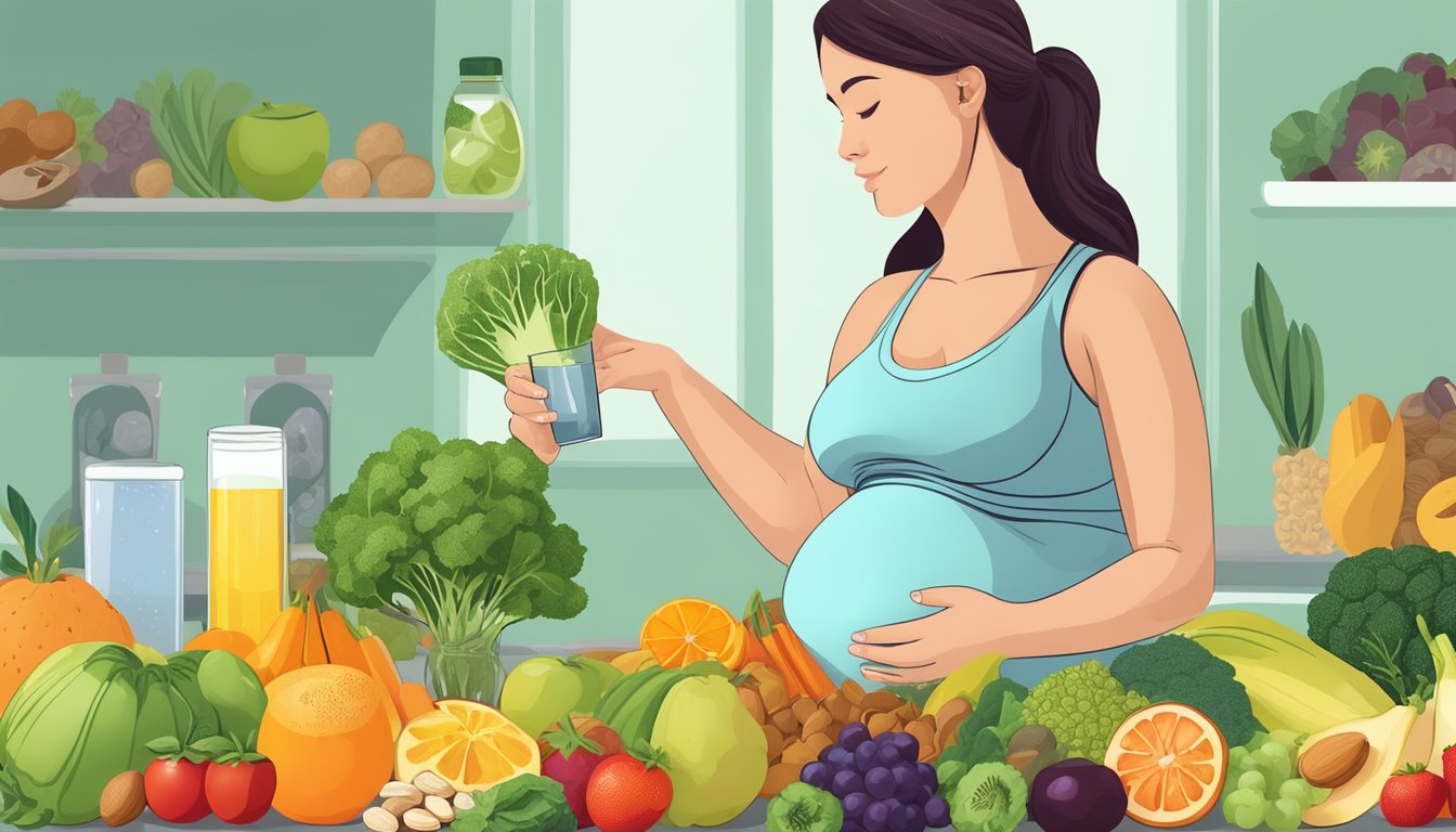 A pregnant woman surrounded by a variety of alkaline foods such as fruits, vegetables, nuts, and seeds, with a glass of water on the side