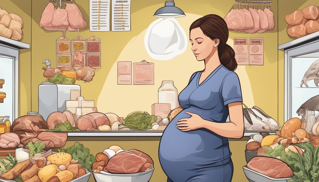 A pregnant woman surrounded by various animal products, including meat, eggs, and dairy, with caution signs and question marks hovering above