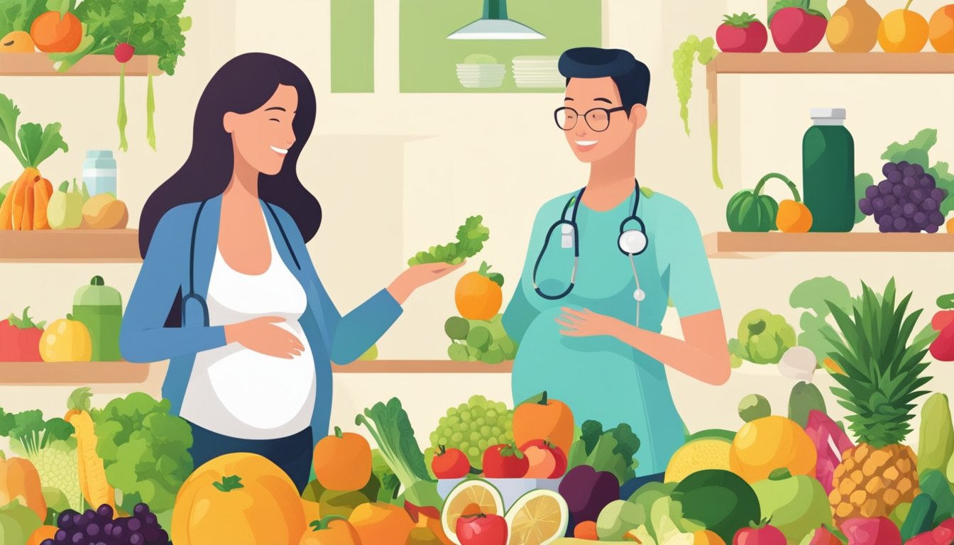 A pregnant woman surrounded by various fruits, vegetables, and alkaline-rich foods, with a doctor advising her on the side