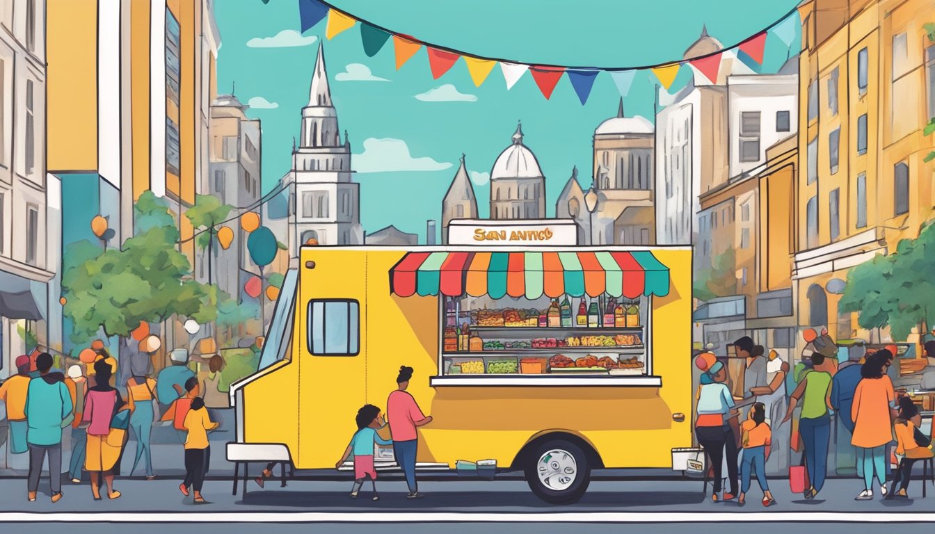 A colorful food truck with a line of customers outside, surrounded by festive decorations and the bustling city of San Antonio in the background