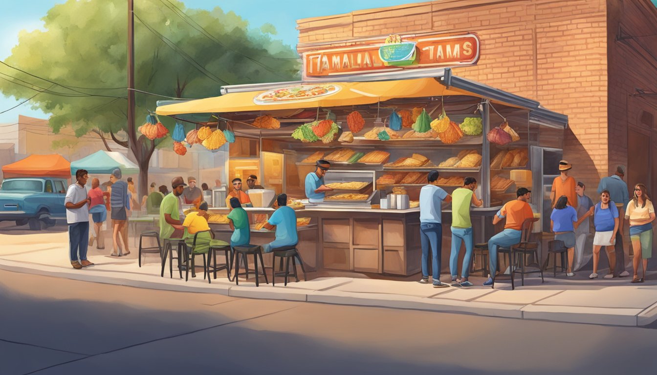 A colorful street scene with a bustling taco stand surrounded by customers enjoying delicious tamales in Dallas, Texas