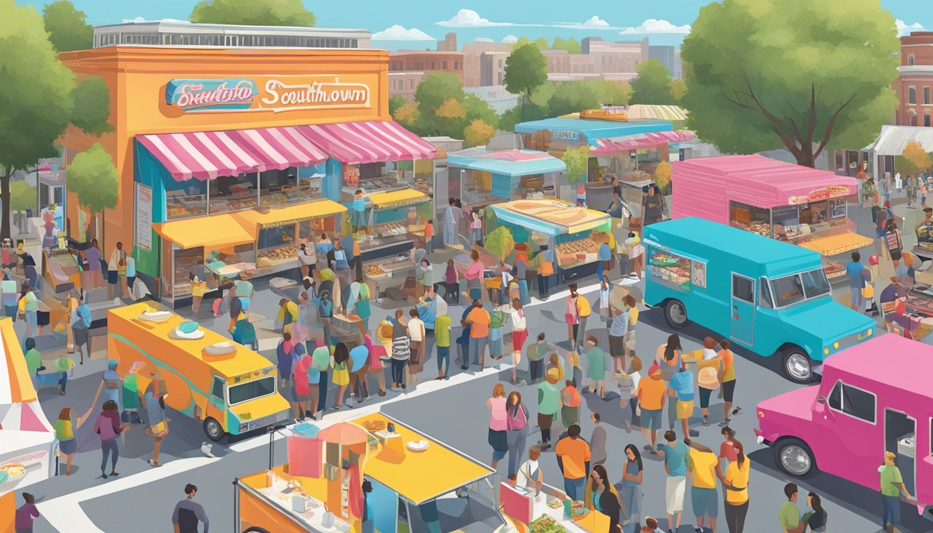 A bustling food truck festival with a long line of customers, colorful trucks, and the Southtown Donuts truck as a standout feature