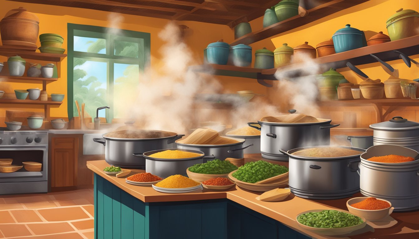 A bustling Mexican kitchen with steaming pots, colorful ingredients, and the aroma of freshly made tamales filling the air