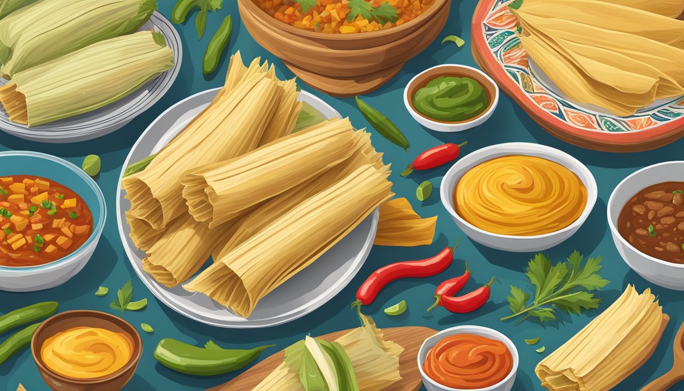 A colorful spread of tamales from different regions of Texas, surrounded by vibrant ingredients and traditional cooking utensils