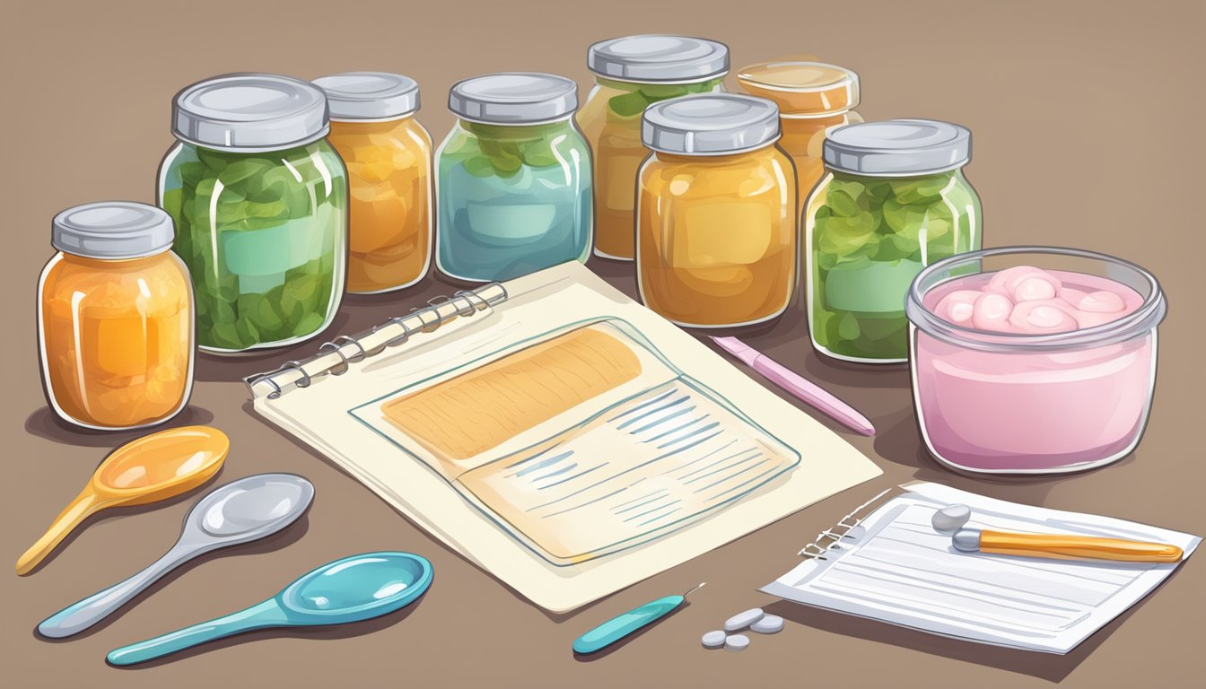 A table set with jars of baby food, a spoon, and a pregnancy test, surrounded by prenatal vitamins and a doctor's note