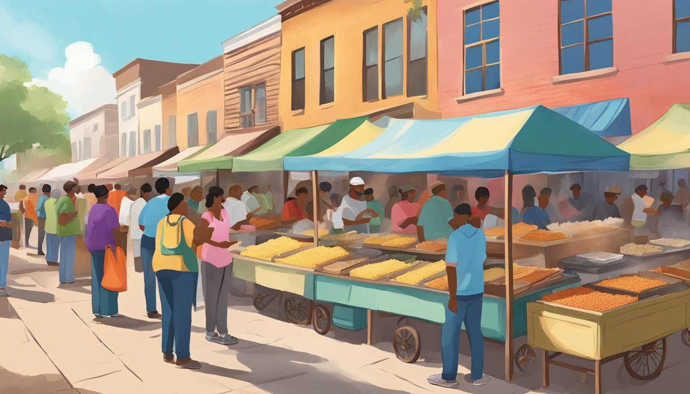 A colorful street market with vendors selling steaming tamales in Texas. The aroma of masa and fillings fills the air as customers line up to sample the best in the state