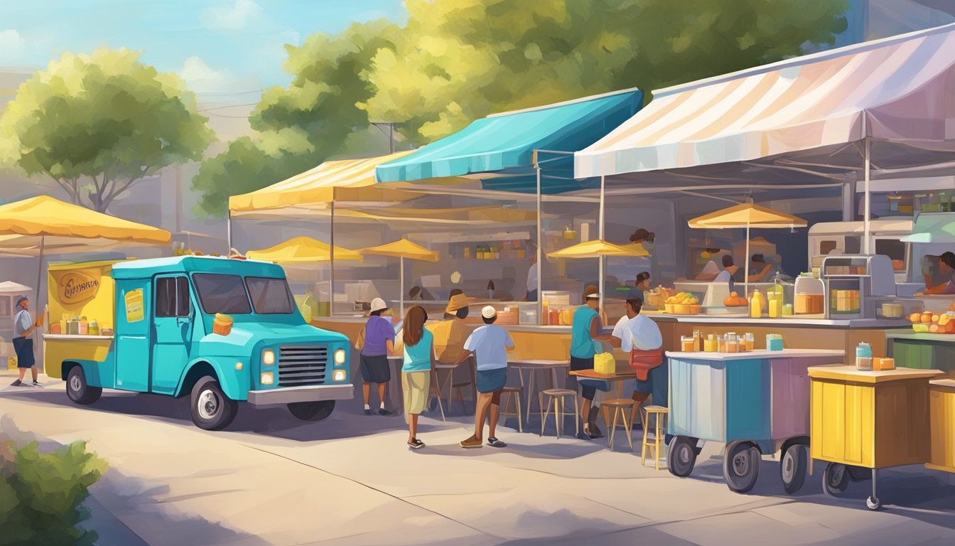 A bustling food truck park in San Antonio, Texas, with colorful trucks serving up delicious lemonade and other local cuisine