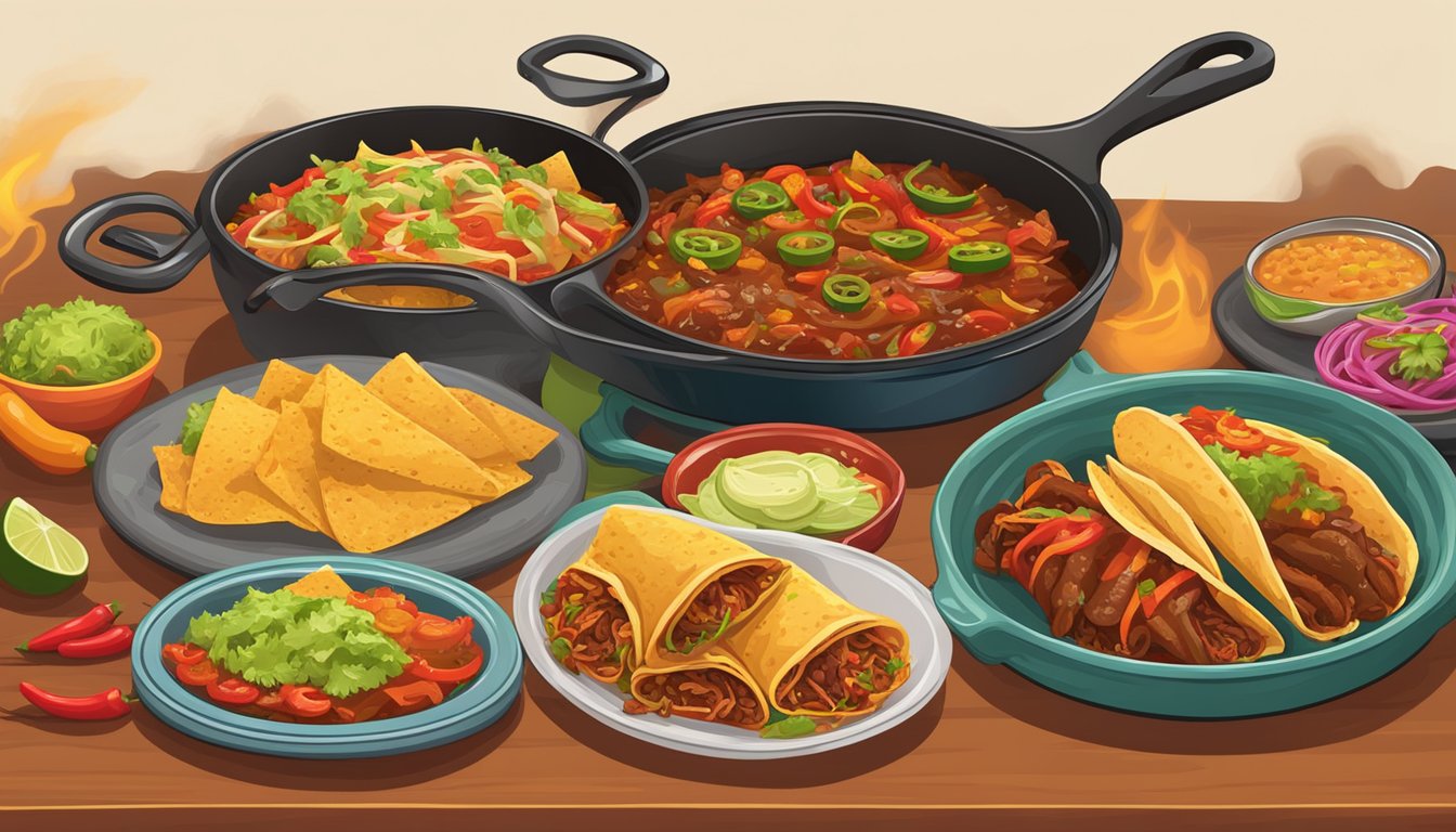 A sizzling skillet with fajitas, a colorful plate of enchiladas, a bowl of spicy chili, a platter of crispy tacos, and a steaming pot of savory tamales