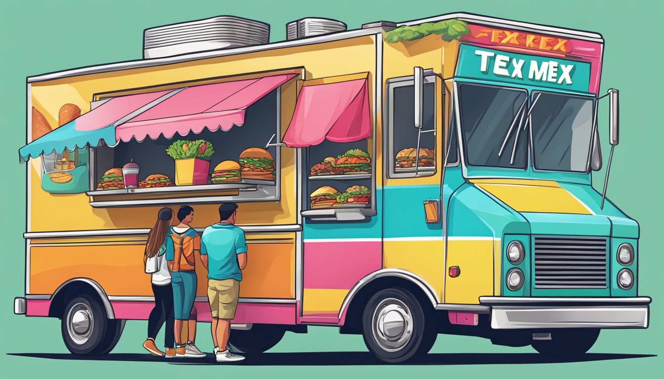 A colorful food truck with a vibrant logo and a line of customers waiting to order their favorite Tex-Mex dishes