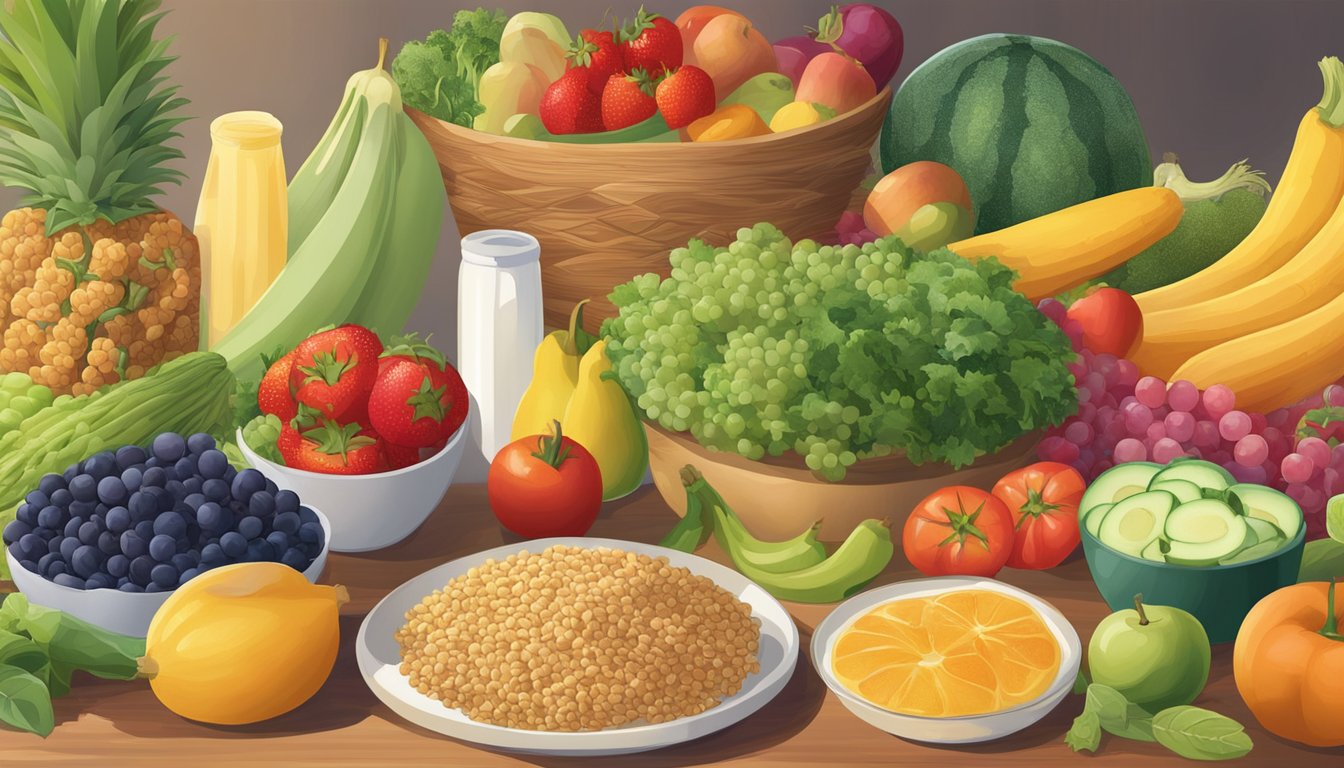 A colorful array of fruits, vegetables, and whole grains arranged on a table, with a glowing pregnant woman in the background