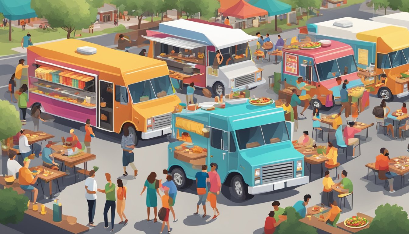 A bustling food truck park with colorful trucks serving up delicious BBQ and Tex-Mex dishes, surrounded by hungry customers enjoying the lively atmosphere