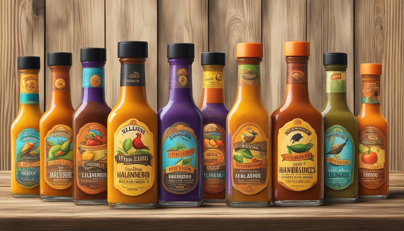 A bottle of Yellowbird Habanero Sauce surrounded by other top 10 Texas hot sauces on a rustic wooden table