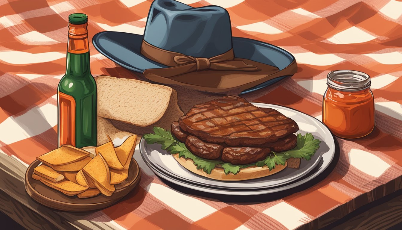 A rustic picnic setting with a Texas BBQ brisket sandwich, surrounded by cowboy hats, a checkered tablecloth, and a bottle of hot sauce