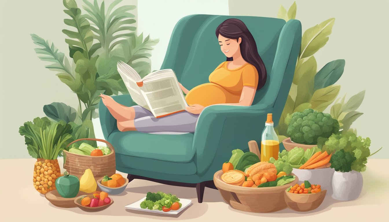 A pregnant woman reading a book on the Dukan Diet while sitting in a cozy chair surrounded by healthy foods and a glass of water