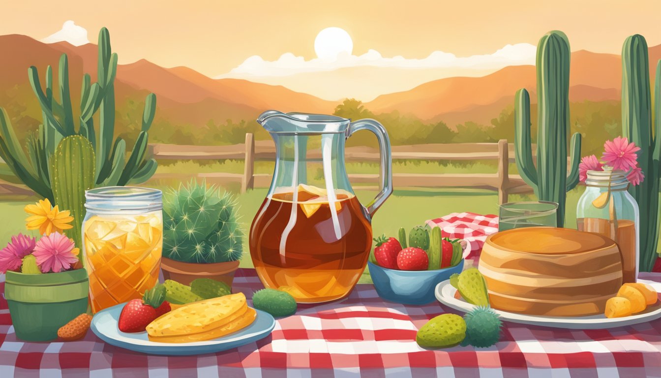 A pitcher of sweet tea sangria surrounded by Texas-inspired picnic decor, including cacti, cowboy hats, and a checkered blanket