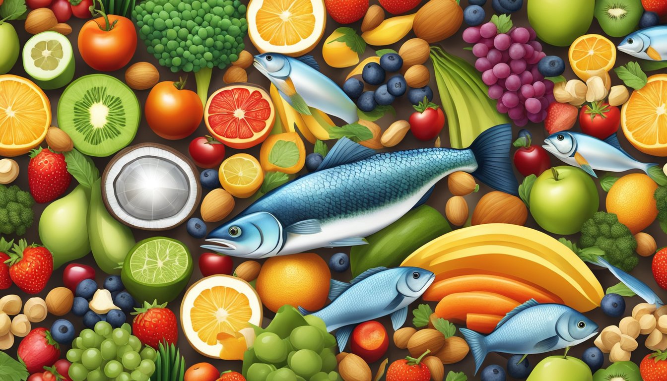 A colorful array of fruits, vegetables, nuts, and fish arranged in a balanced and appetizing composition