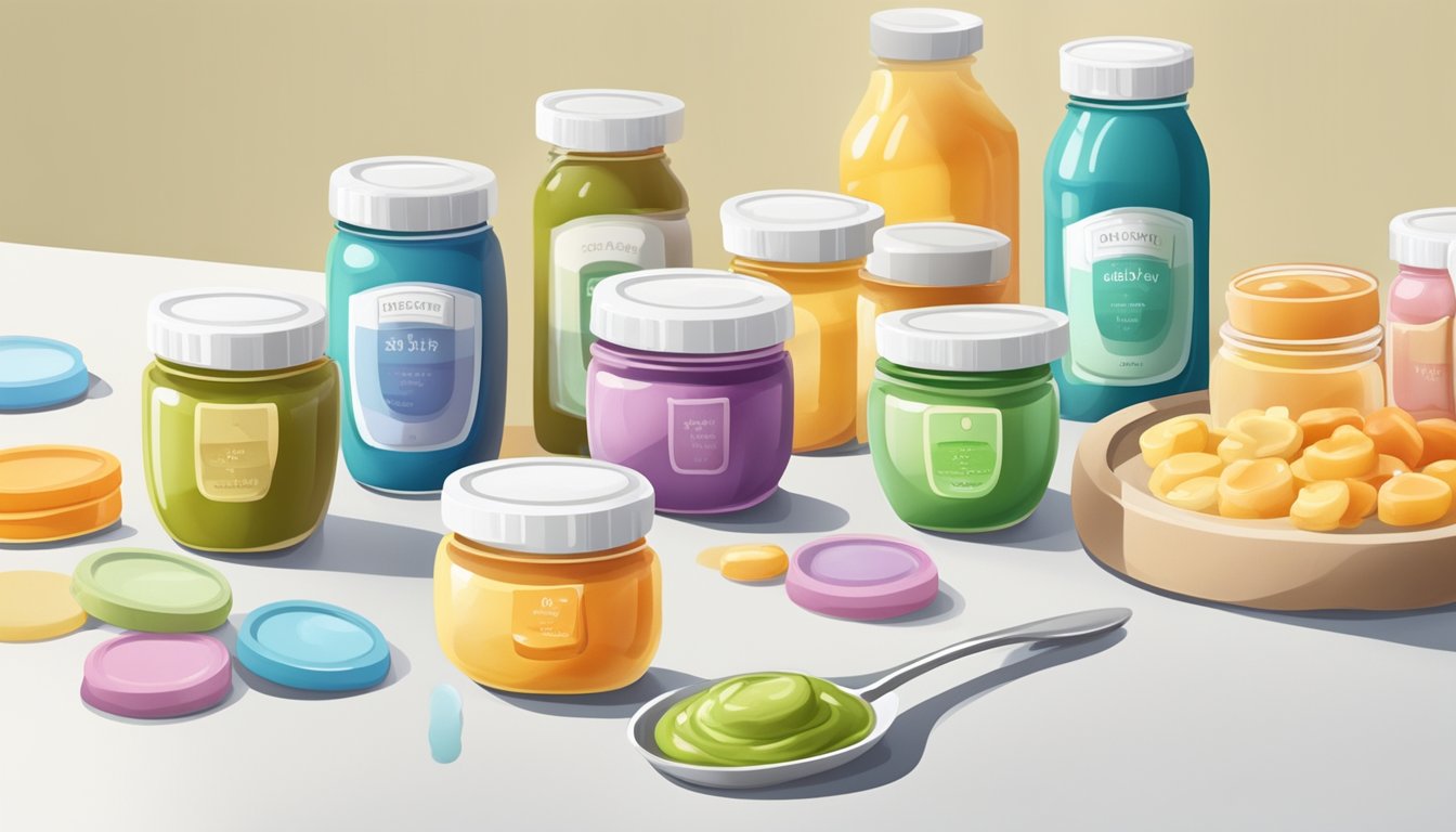 A variety of colorful jars of baby food arranged on a clean, white countertop with a spoon and a pregnancy test nearby