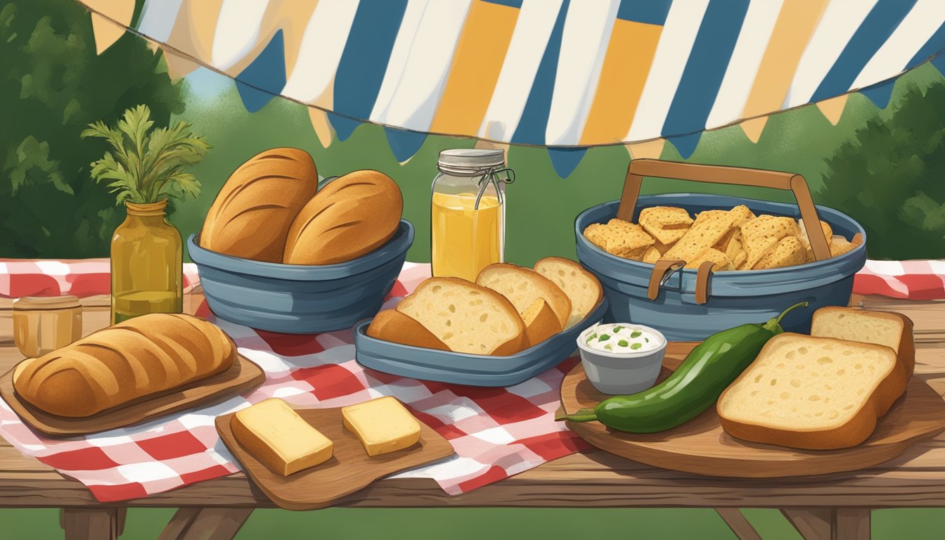 A rustic picnic spread with a loaf of jalapeño cheese bread surrounded by Texas-inspired decor and food items