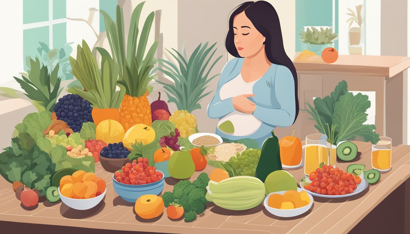 A pregnant woman sitting at a table surrounded by a variety of colorful fruits, vegetables, whole grains, nuts, and fish, with a glass of water nearby