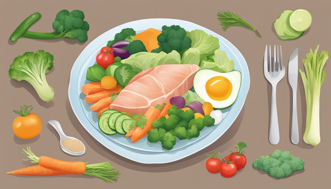 A pregnant woman's plate with lean protein and vegetables, avoiding high-carb foods