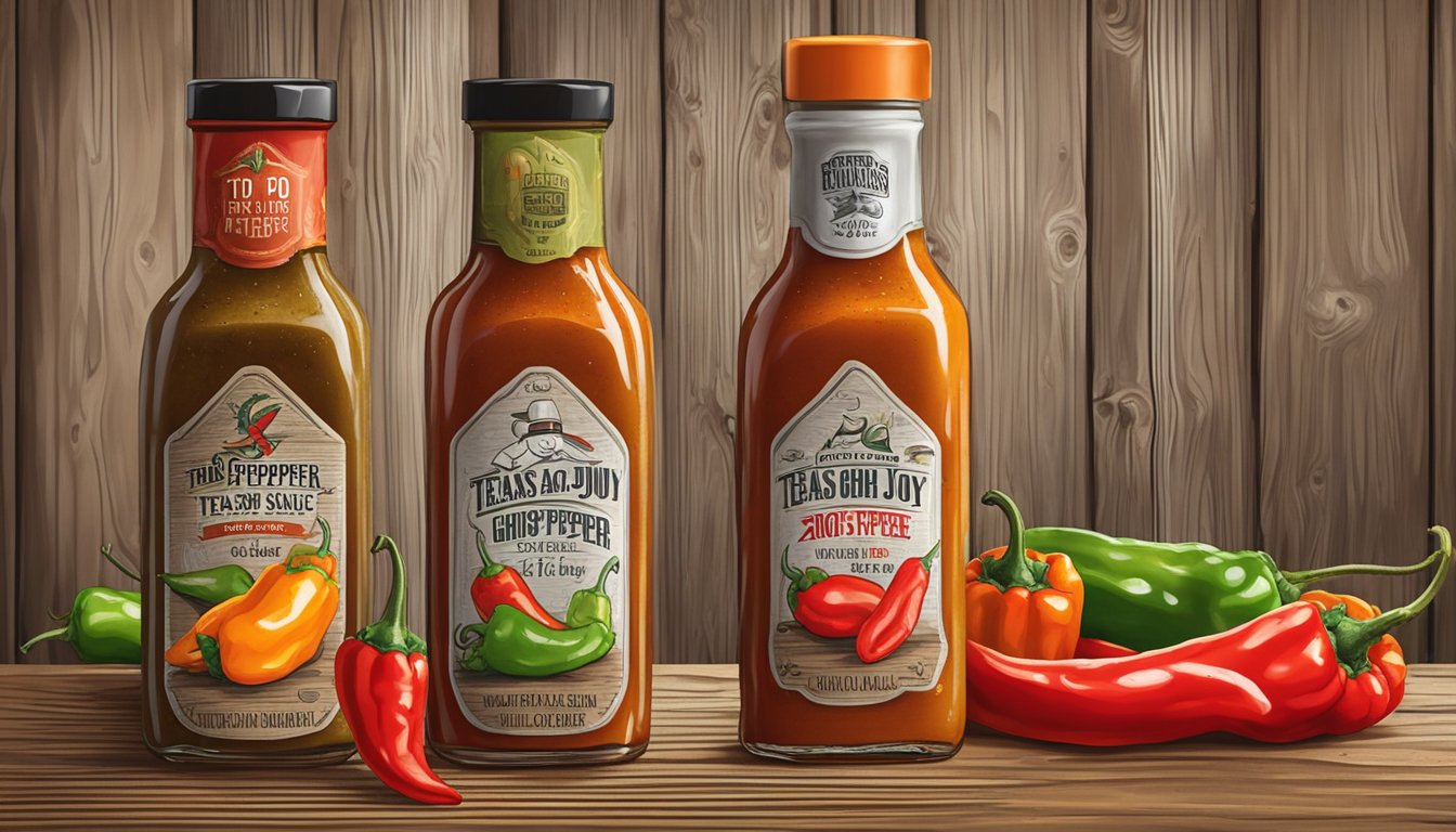 A bottle of Tears of Joy Ghost Pepper Sauce surrounded by other top 10 Texas hot sauces on a rustic wooden table