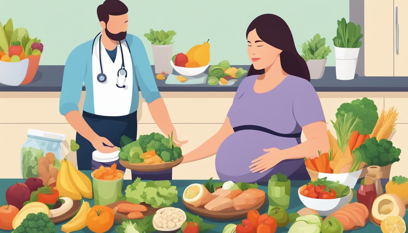 A pregnant woman surrounded by various healthy food options, with a doctor or nutritionist providing guidance and advice