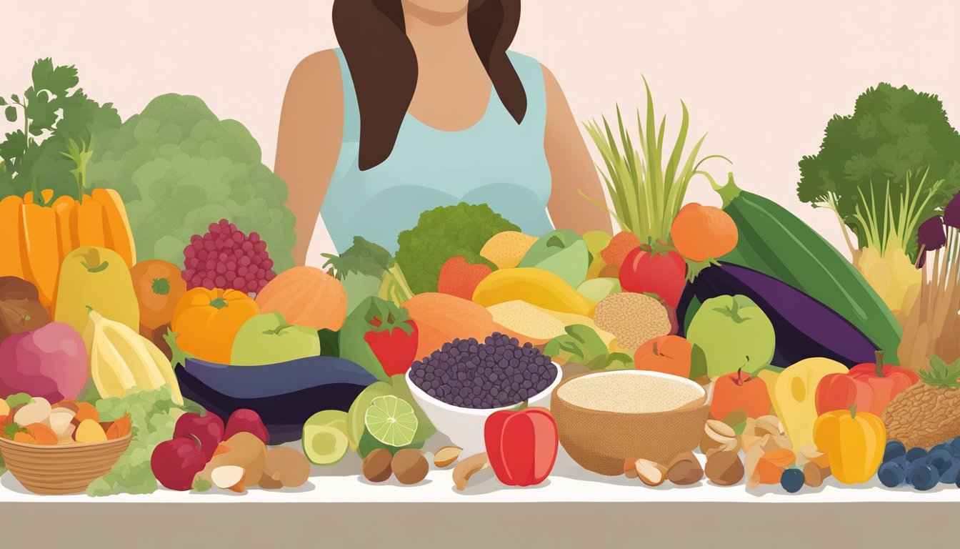 A colorful array of fruits, vegetables, whole grains, nuts, and fish arranged on a table with a pregnant woman's silhouette in the background