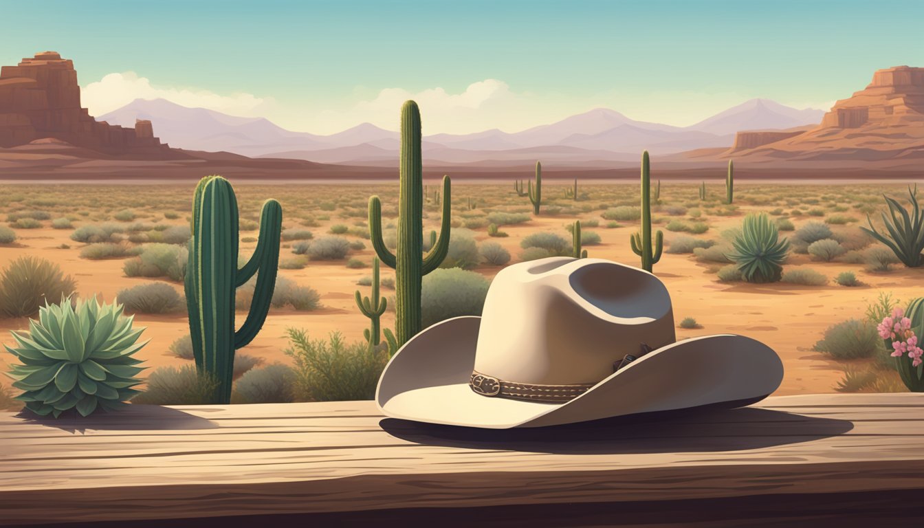 A lone cowboy hat rests on a wooden picnic table, surrounded by cacti and desert flowers. In the distance, a lone windmill spins in the Texas breeze