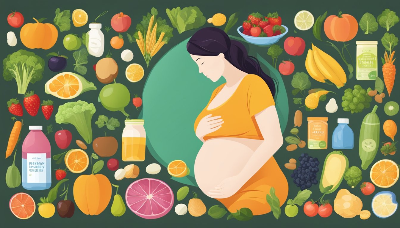 A pregnant woman's silhouette surrounded by healthy food choices and prenatal vitamins