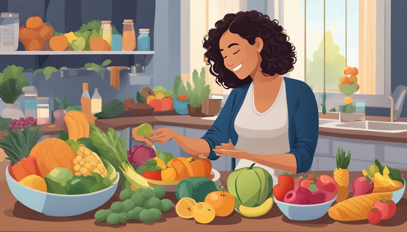 A pregnant woman sits at a table surrounded by colorful fruits, vegetables, and whole grains. She is smiling as she prepares a nutritious meal following the Mind Diet guidelines