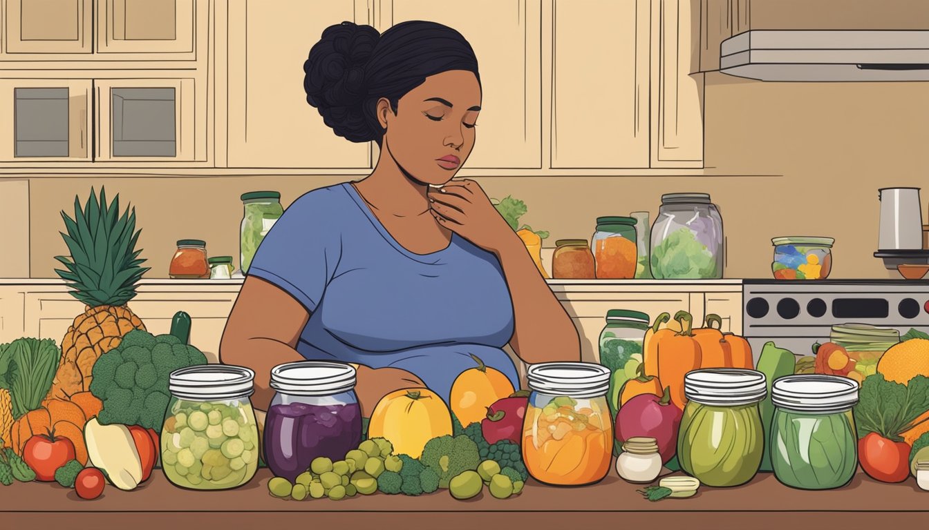 A pregnant woman sitting at a kitchen table surrounded by various fruits, vegetables, and baby food jars, with a concerned expression on her face