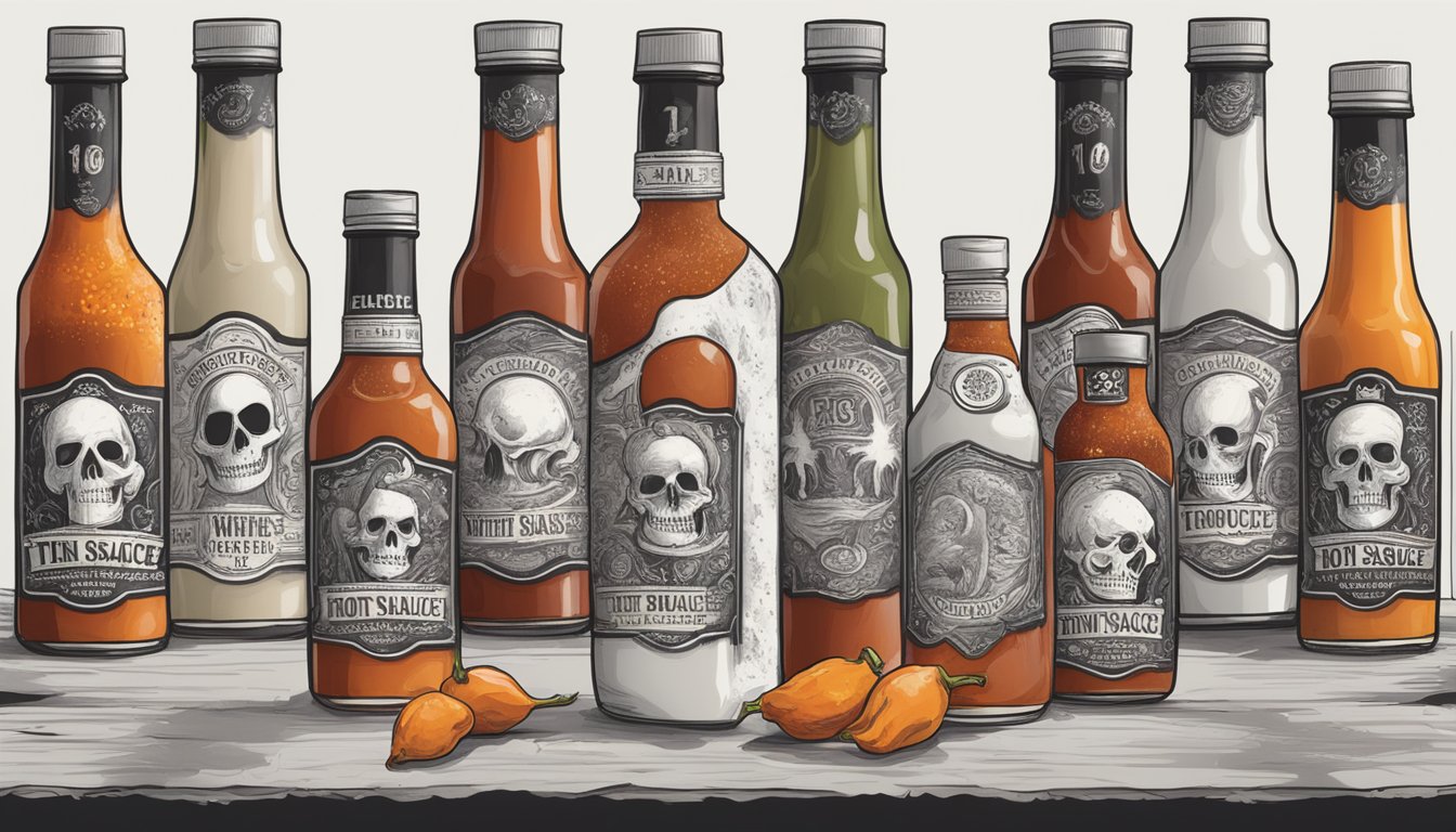 A table lined with ten bottles of hot sauce, each with a unique label featuring a spooky white design