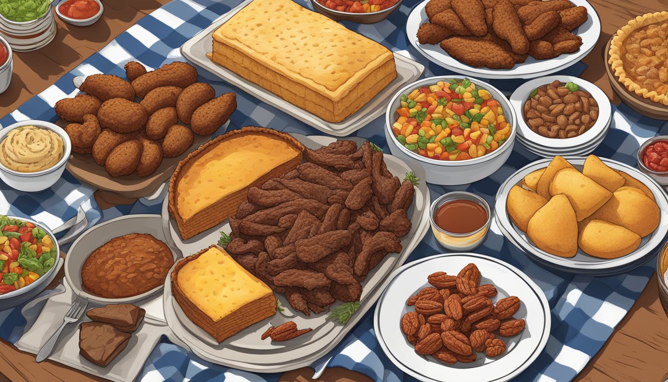 A picnic spread with a checkered blanket showcasing Texas-inspired dishes like barbecue brisket, chili, cornbread, pecan pie, and fried chicken