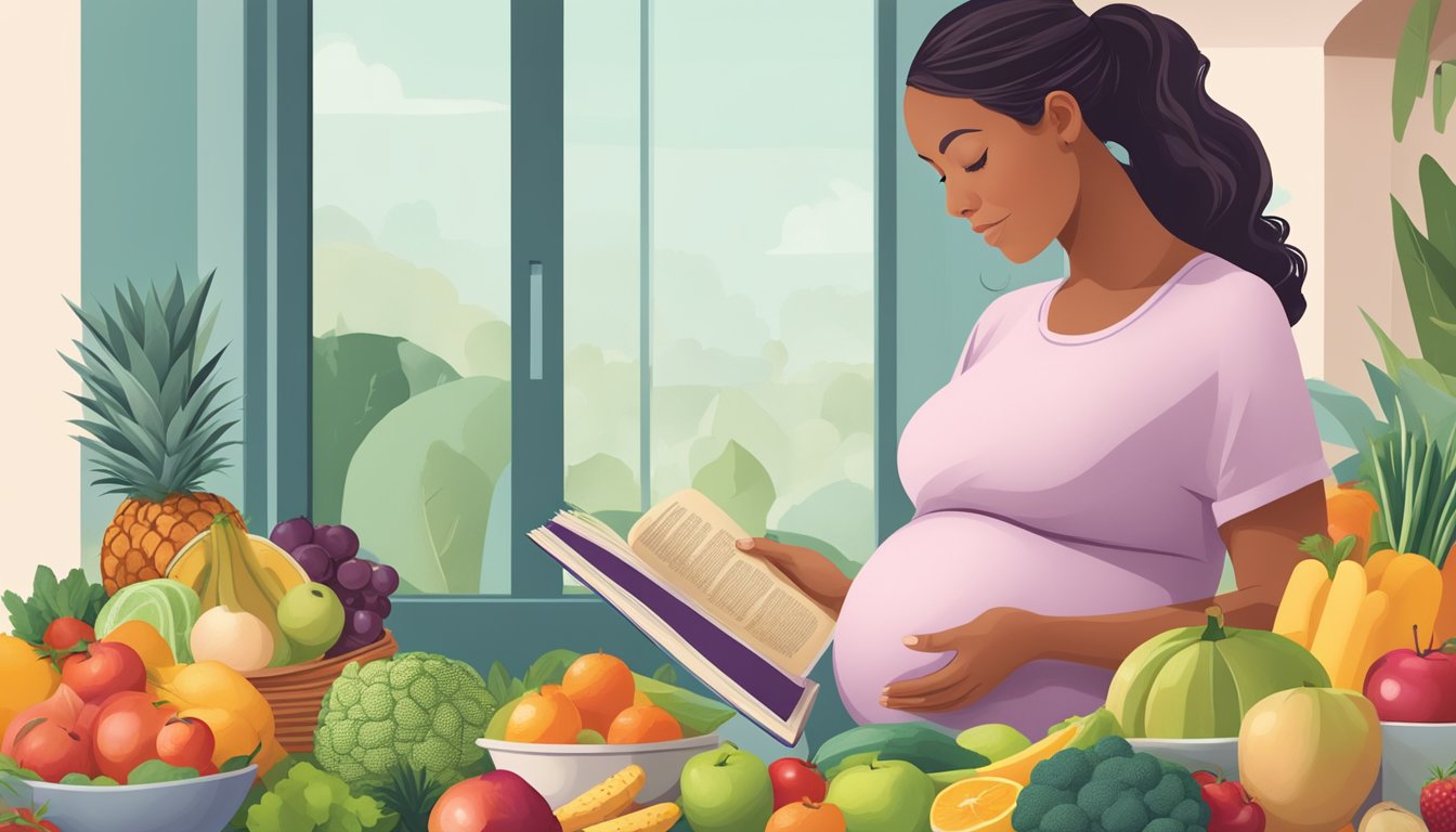 A pregnant woman choosing between a variety of healthy food options, including fruits, vegetables, and lean proteins, while reading a book about pregnancy nutrition